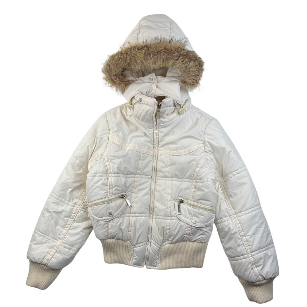 Vintage Dollhouse Puffer Jacket Cream White Faux Fur Hood Size Small Y2K